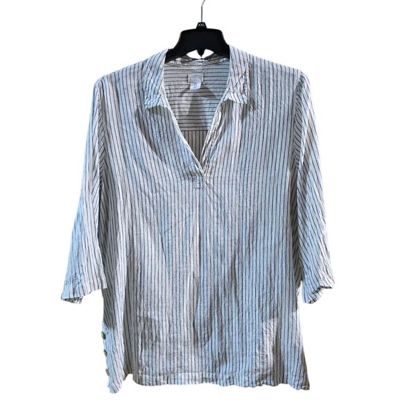 Sigrid Olsen Womens Sz 1X Striped Button Detail 3/4 Sleeve Tunic Top 100% Linen - Picture 3 of 15